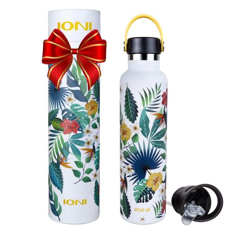 IONI Water Bottle for Women 24oz (2 Lids) - Designer Water Bottle White Tropical Art - BPA Free Stainless Steel Insulated Leakproof - Slim Water Bottle - Aesthetic Water Bottle with Straw - Image 1